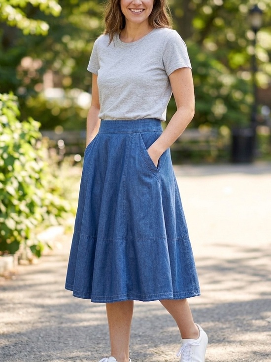 tatuum Dresses & Skirts - Tatuum Blue Cotton A-Line Midi Skirt w/ Pockets & Back Zip Size 42